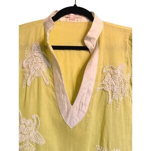 Lagen Look Coastal Barbara Gerwit XS Yellow Linen Beaded Sea Turtle Tunic Top